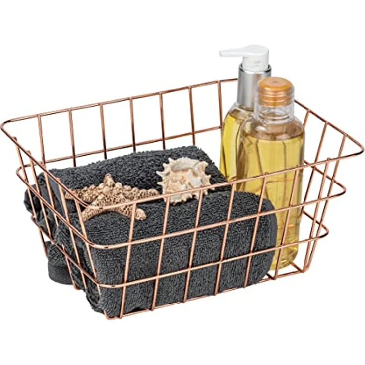 WENKO Badkorb Viana Kupfer, glamouröser Aufbewahrungskorb im angesagten Metall-Look in Kupfer, offenes Drahtdesign, hält Kosmetik, Bürste, Handtücher, etc. griffbereit, aus Metall, 18 x 25 x 12 cm – Bild 4