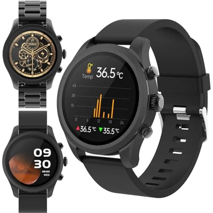 FOREVER Smartwatch Herren Sportband SW-800 Amoled 1,3" 360x360 Bluetooth, Musiksteuerung, Schrittzähler etc. IP68, Fitness-Uhr, Herzfrequenzmesser Schwarz