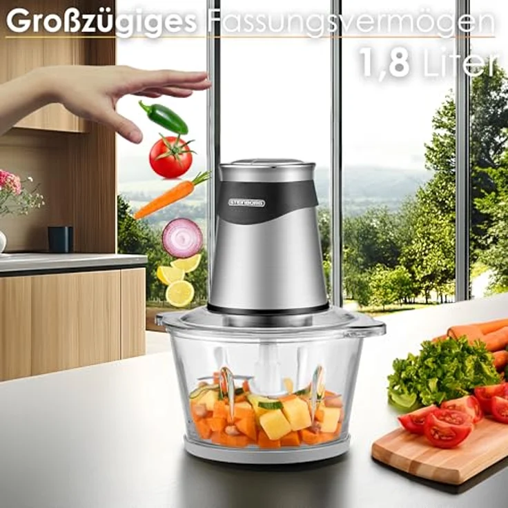 Steinborg Zerkleinerer elektrisch extra stark Multizerkleinerer Blitzhacker 500W 1,8L mit Glasbehälter - Universal-Küchenmaschine Mixer für Babykost Nüsse Gemüse Obst Fleisch – Bild 3