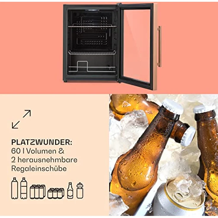 Klarstein Mini Kühlschrank 60L, Getränkekühlschrank mit Glastür & LED, leise, wetterfest, 3-10°C, 2 Ablagen, Edelstahl – Bild 5
