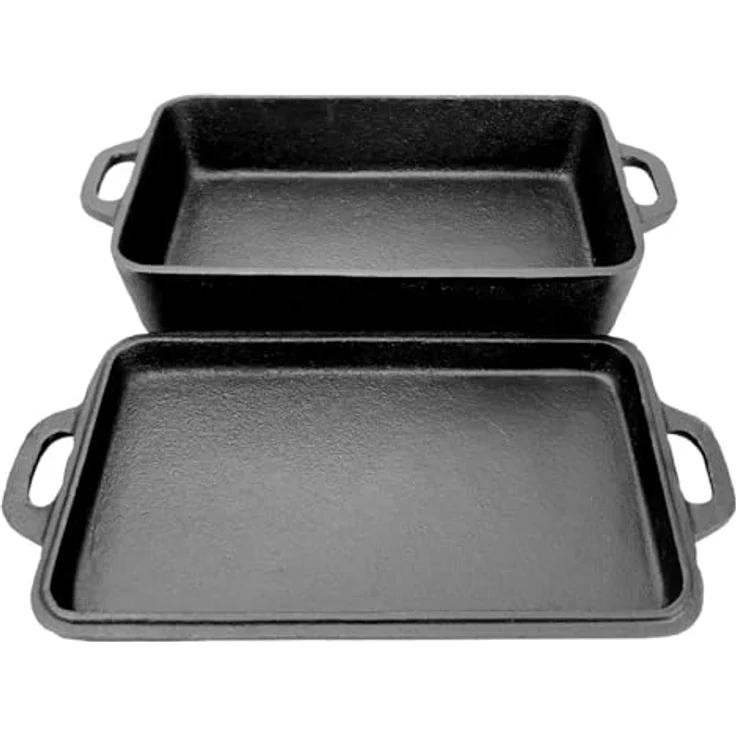 Paella World International Kombi 2in1 Casserole aus Gusseisen 28x17x6 cm + Deckel 28x17x3 cm, Naturguss mit Öl eingebrannt, für alle Herdarten, Backofen und Grill geeignet, Servierpfanne geeignet – Bild 3