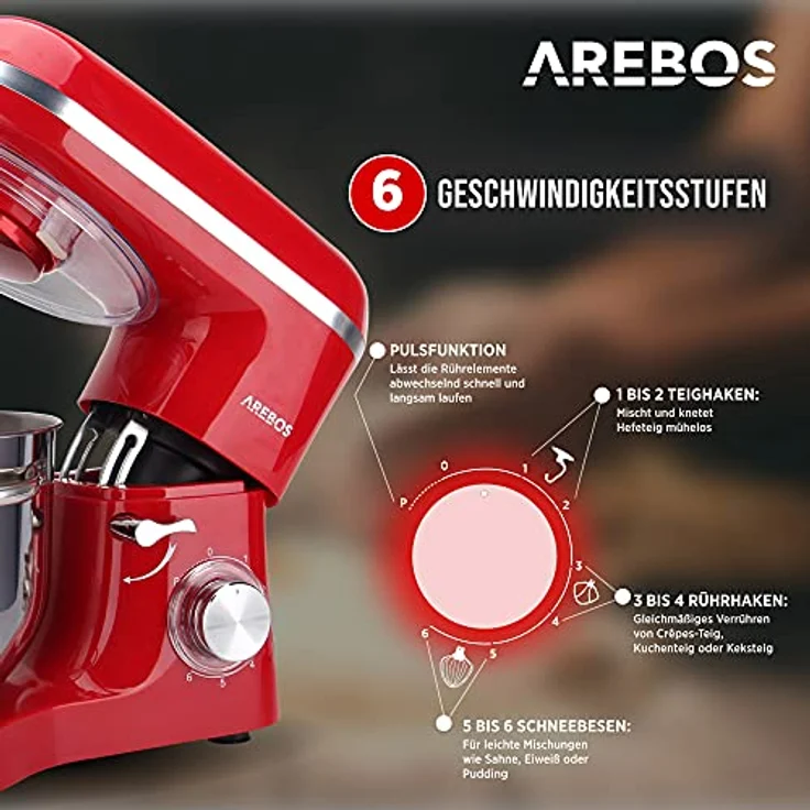Arebos Küchenmaschine 1500W mit 6L Edelstahl-Rührschüssel | Rot | inkl. Rührhaken, Knethaken, Schneebesen | Spritzschutz | 6 Geschwindigkeiten | Knetmaschine | Teigmaschine – Bild 2