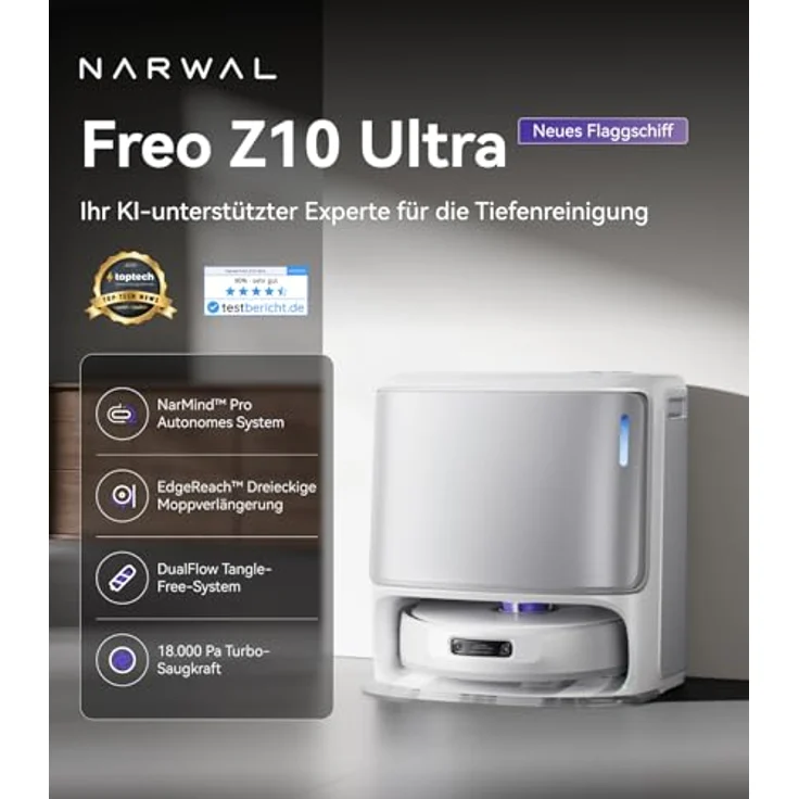 Narwal Freo Z10 Ultra Saug- & Wischroboter, 65W, 120 Min Laufzeit, 0,8L, Laser-Navigation, WLAN, beutellos, weiß/silber – Bild 2