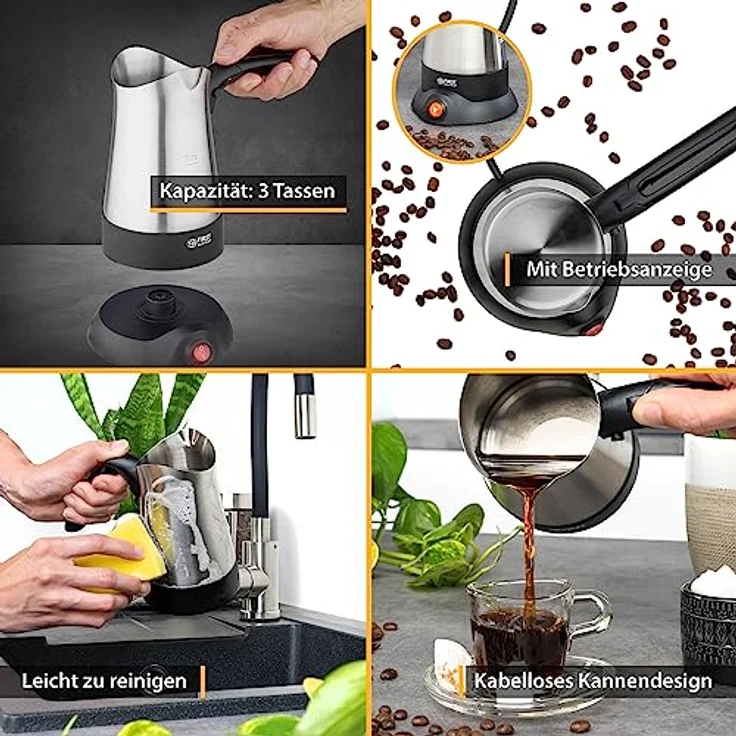 TZS FIRST AUSTRIA Kaffeebereiter, Edelstahl Mokkakocher mit 800W Leistung, 300ml, 360° drehbare Basisstation, klappbarer Griff, auch als Wasserkocher verwendbar – Bild 6