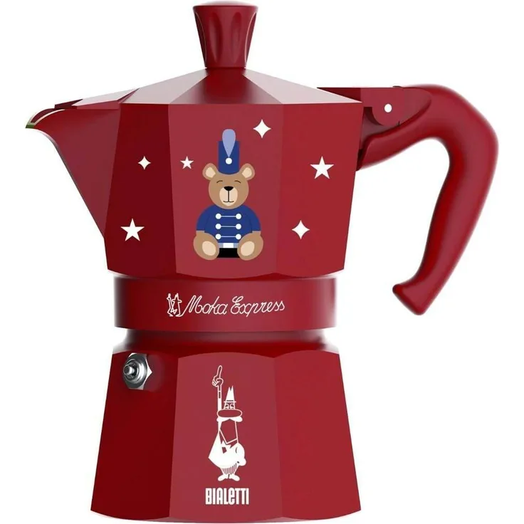 Bialetti Moka Express, Espressokocher für 3 Tassen, Orsetto Rot, hochwertiges Aluminium, moderne Bauweise