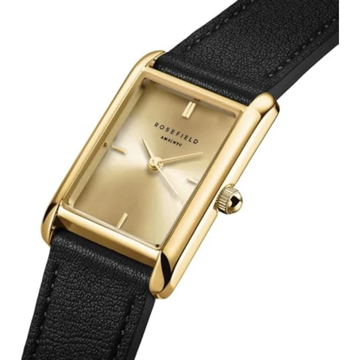 ROSEFIELD Quarzuhr Heirloom, elegante Armbanduhr für Frauen mit goldfarbenem Sunray-Zifferblatt und schwarzem Lederarmband, wasserdicht bis 3 bar – Bild 2