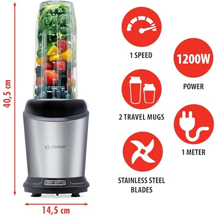 alpina Smoothie Maker 1200 W, Standmixer mit 1L Krug und 500 ML Mitnehmbecher, abnehmbare Edelstahlklingen, rutschfester Boden, Silber – Bild 3