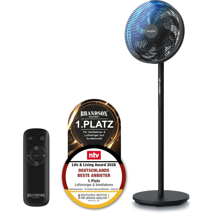 Brandson 308352 Standventilator mit leisem DC-Motor, 9 Geschwindigkeiten, 80° Oszillation, 3-fach höhenverstellbar, energieeffizient