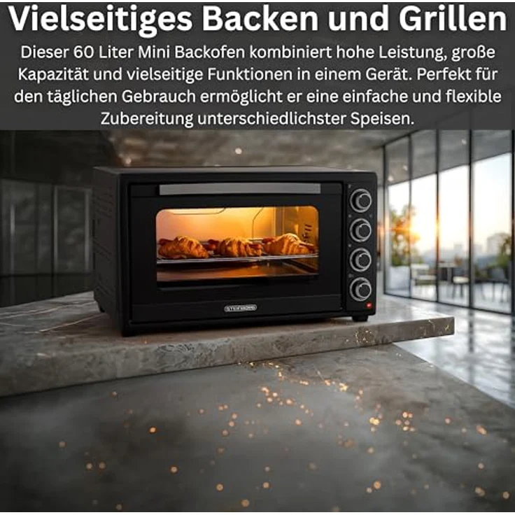 STEINBORG Minibackofen SB-3019, 60L, 2000W mit Umluft, Drehspieß und Timer, kompakt schwarz – Bild 9