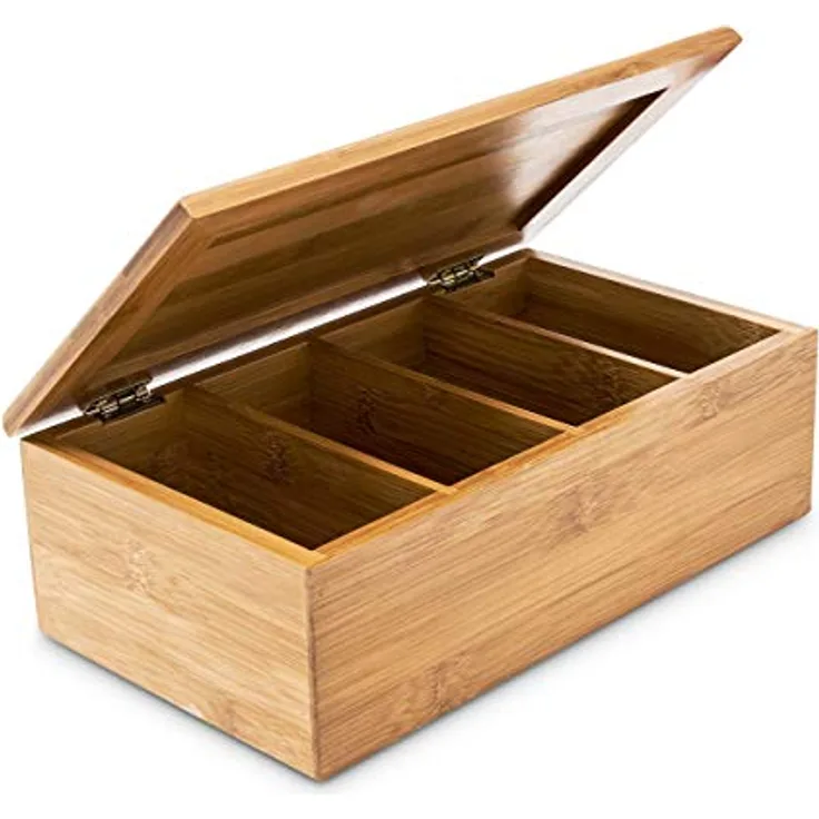 relaxdays Teebox Bambus lackiert, 4 Fächer für ca. 80 Teebeutel, natur