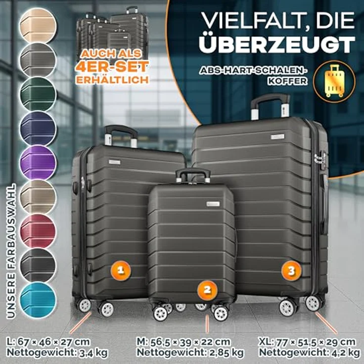 tillvex® Reisekoffer Set 3-TLG. Hartschalenkoffer mit 4 Rollen, TSA Schloss, Gepäckwaage, 6 Koffergurte & 3 Kofferanhänger, Farben Grau/Anthrazit, Größen S-M-L-XL – Bild 5