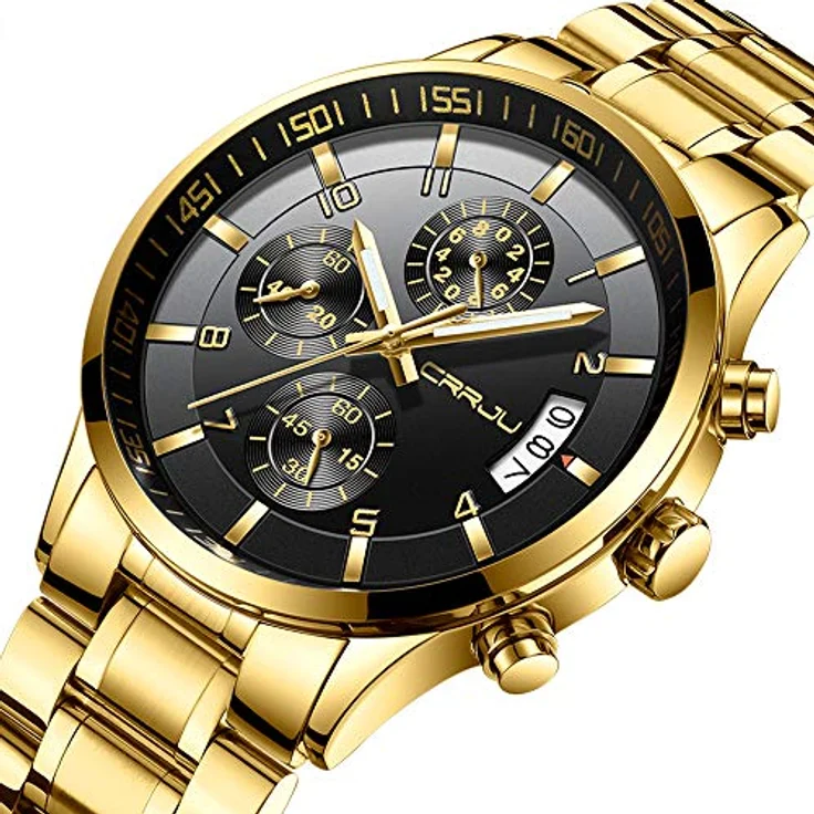 CRRJU Herren Chronographen Armbanduhr, wasserdichtes Edelstahlarmband mit Kalender, Gold Schwarz – Bild 2