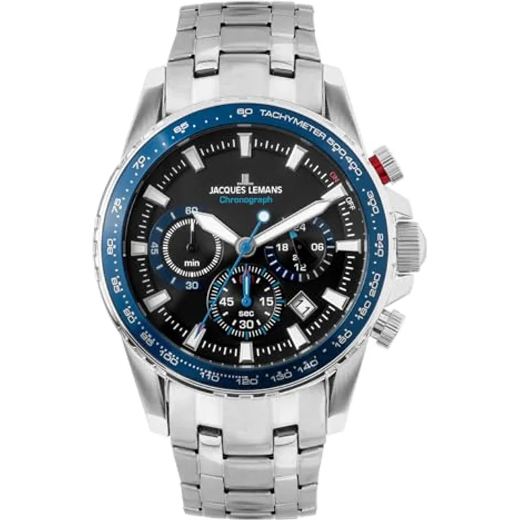 JACQUES LEMANS Herrenuhr Chronograph Liverpool Stahl/Blau mit schwarzem Zifferblatt und Mineralglas