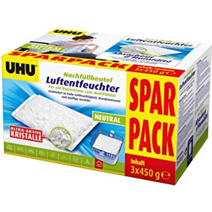 UHU Luftentfeuchter Nachfüllbeutel Sparpack, 3 x 450g - Effektive Feuchtigkeitsbekämpfung und geräuschloser Betrieb – Bild 4