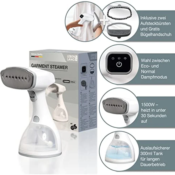 LEBENLANG Steamer Dampfglätter (1500W, 300ml, Quick & Go Automatik) LCD Hand Dampfbürste Dampfglätter Kleidung & Hemden bügeln - Dampfbügler Reise Bügeleisen Dampf Bügel - Steam Iron Bügelmaschine – Bild 2