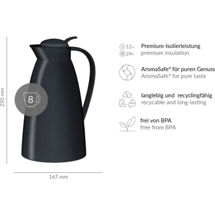 alfi 0825.020.100 Isolierkanne, Kunststoff gefrostet Schwarz 1,0 l, 12 Stunden heiß, 24 Stunden kalt – Bild 6