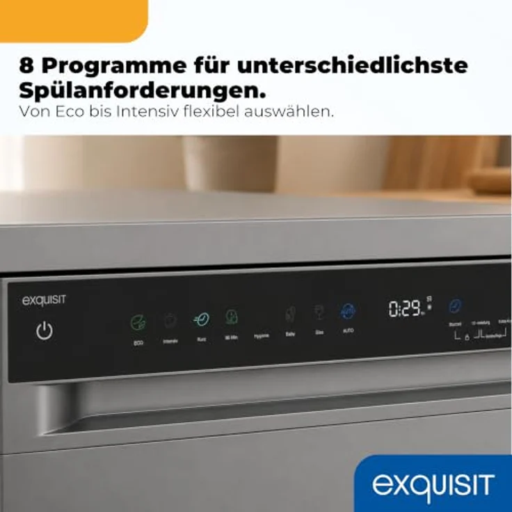Exquisit GSP59316-450C Geschirrspüler 16 Maßgedecke, Energieklasse C, 8 Spülprogramme, Aquastop, Innenbeleuchtung, unterbaufähig, Silber – Bild 6