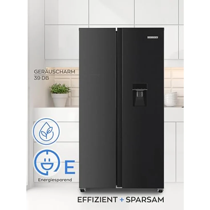 Heinrich´s Side-by-Side Kühlschrank, Kühlgefrierkombination mit 439L Mega Gesamtvolumen, NO-FROST, 151L Gefriervolumen, inkl. Wasserspender, LED Beleuchtung,Touch, Multi-Airflow-System, Schwarz-Inox – Bild 2
