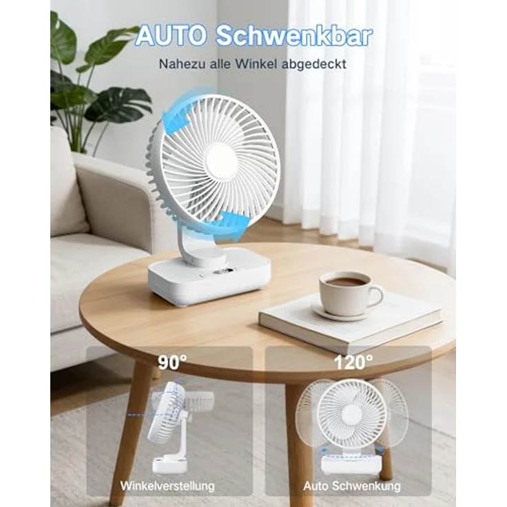 ArsMotin Tischventilator, Automatische Oszillation, Leise 30 dB, 4500mAh Akku, USB-C, LED Display, 4 Geschwindigkeiten, Klein & Tragbar für Büro und Zuhause – Bild 3