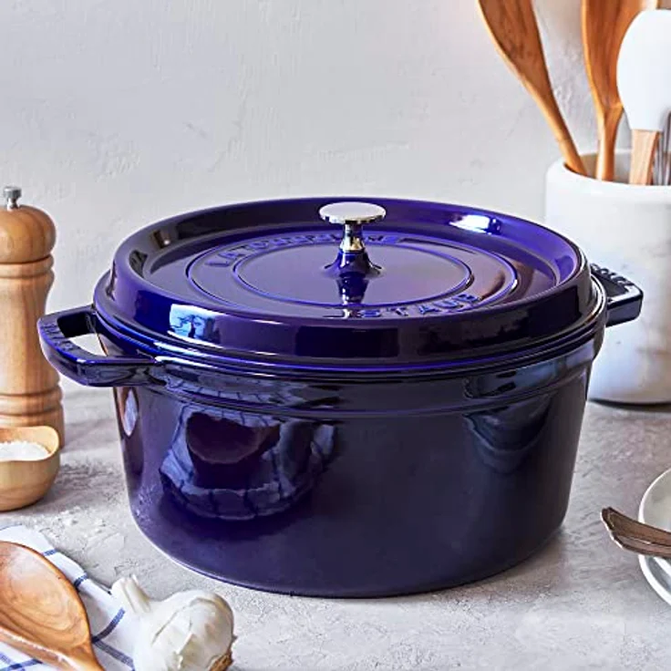 Staub 1102891 Cocotte-Bräter, rund mit Deckel 28 cm, 6,70 L, mit mattschwarzer lierung im Inneren des Topfes, dunkelblau – Bild 6