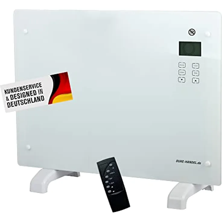 Elektroheizung Mit Digitalen Display Und Fernbedienung - Mobiler Konvektor Für Zuhause - Moderne Optik - Effiziente Glasheizung Mit Thermostat Und Überhitzungsschutz (1500, watts)