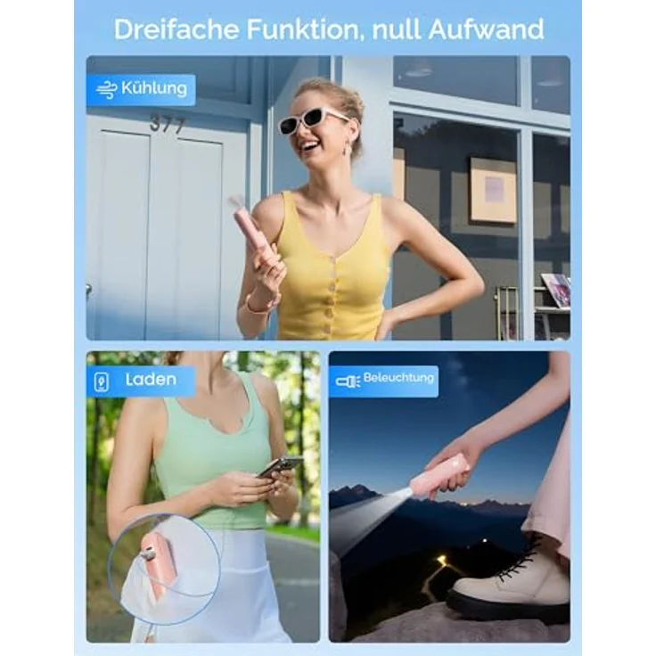 JISULIFE Mini Handventilator, 3-in-1 tragbar mit 12–19 Betriebsstunden, wiederaufladbarer USB, Powerbank und Taschenlampe, rosa – Bild 2