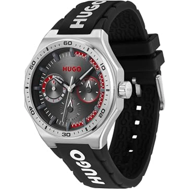 HUGO Multi Zifferblatt Quarz Uhr Kollektion #Grail Sport, 44 mm, schwarzes Zifferblatt mit roten Details, Edelstahl- oder Silikonarmband, wasserdicht bis 5 ATM – Bild 2