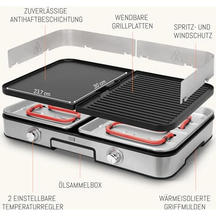LEBENLANG Elektrogrill Tischgrill elektrisch - Inkl. Grillzange & Spritzschutz I 2400W Für Drinnen & Draußen I Elektrischer Plattengrill Indoor Grills Indoorgrill, Gusseisen-Optik – Bild 3