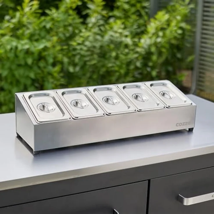 cozze® Pizza Toppingstation – Edelstahl Zutatenbehälter mit Deckel für Pizzabeläge – Professionelle Belegstation mit 5 Fächern – Ideal für Küche und Gastronomie – Bild 3