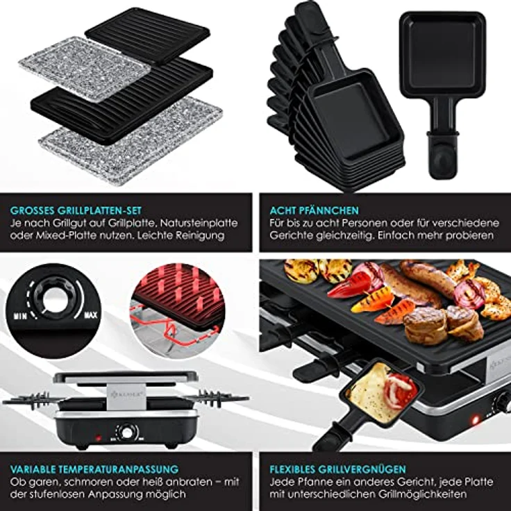 KESSER® Raclette-Grill mit Naturgrillstein und Grillplatte, Tischgrill für 8 Personen, Elektrogrill mit 1200W, antihaftbeschichtet, inklusive 8 Pfannen und Holzspatel – Bild 3