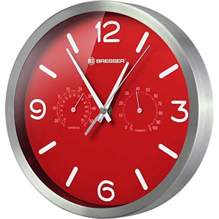 Bresser Funkuhr Wanduhr MyTime ND Thermo-Hygro mit geräuschlosem Funkuhrwerk, Edelstahlrahmen und Anzeige für Temperatur und Luftfeuchtigkeit, rot, 250x250mm – Bild 1