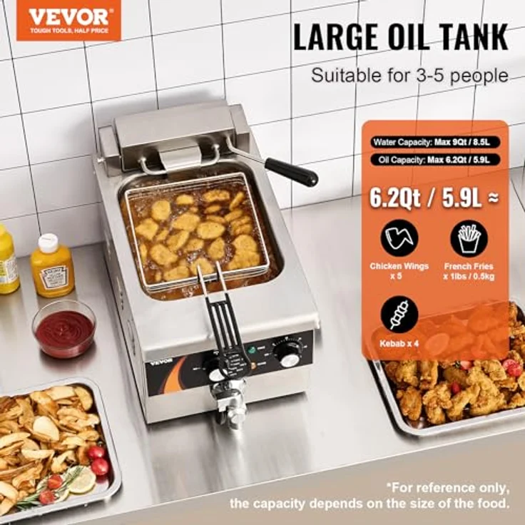 VEVOR kommerzielle Fritteuse, 3000 W elektrische Aufsatzfritteuse mit Korb, 5,9 L Einzelölfritteuse, verdickter Edelstahl, Zeit- & Temperaturkontrolle, Silber – Bild 2