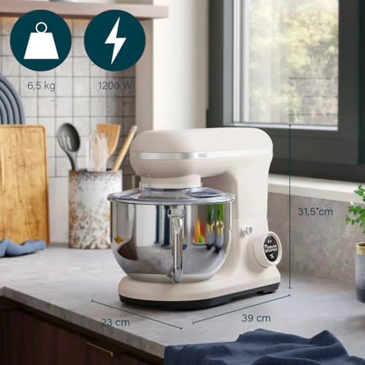 Princess Nordic Digital Küchenmaschine, 5-Liter-Edelstahlschüssel, 8 Geschwindigkeiten, Eismaschinenaufsatz, 1200 W, BPA-frei, rutschfeste Füße, spülmaschinenfest, beige – Bild 2