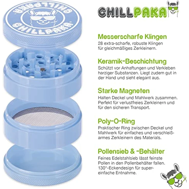 CHILLPAKA® Premium Keramik Grinder Crusher | ø63mm groß Blau | messerscharfe Kräutermühle mit haftfreier Keramikbeschichtung | inkl. Pollenschaber + Pinsel – Bild 2