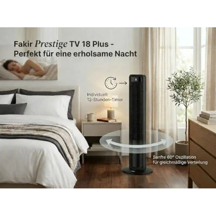 Fakir TV 18 PLUS Turmventilator mit 40W Motor, 60° Oszillation, Display, Fernbedienung & Tragegriff, leise – Bild 3