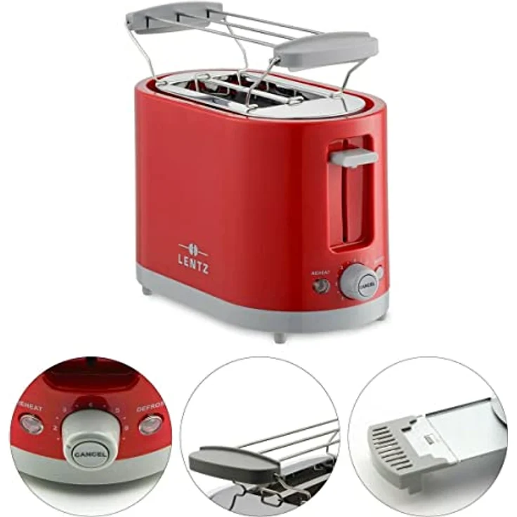 Lentz HX74271 2-Scheiben-Toaster,750 Watt, inkl. Brötchenaufsatz, Krümelschublade, Aufwärmfunktion, Auftaufunktion, Kabelaufwicklung, rot – Bild 3