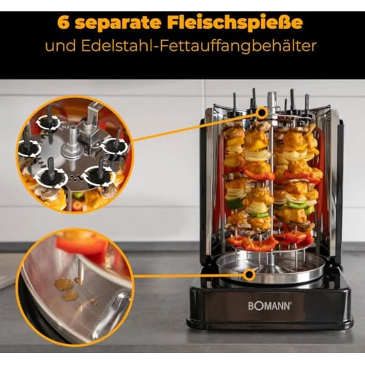 Bomann DVG 3006 CB 3in1 Döner--Hähnchen und Schaschlik-Vertikal-Multigrill, perfekte Grillergebnisse durch gleichmäßige Hitzeverteilung, Edelstahl-Fettauffangbehälter, 1400 Watt, Schwarz – Bild 4