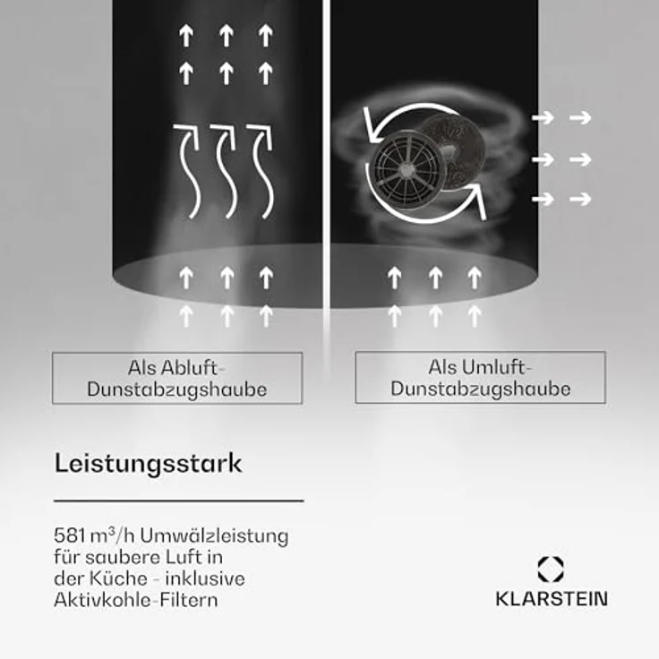 Klarstein Beretta Premium Inselabzugshaube, App gesteuert, Ab-/Umluft, 544 m³/h, LED Beleuchtung, Aktivkohlefilter – Bild 3