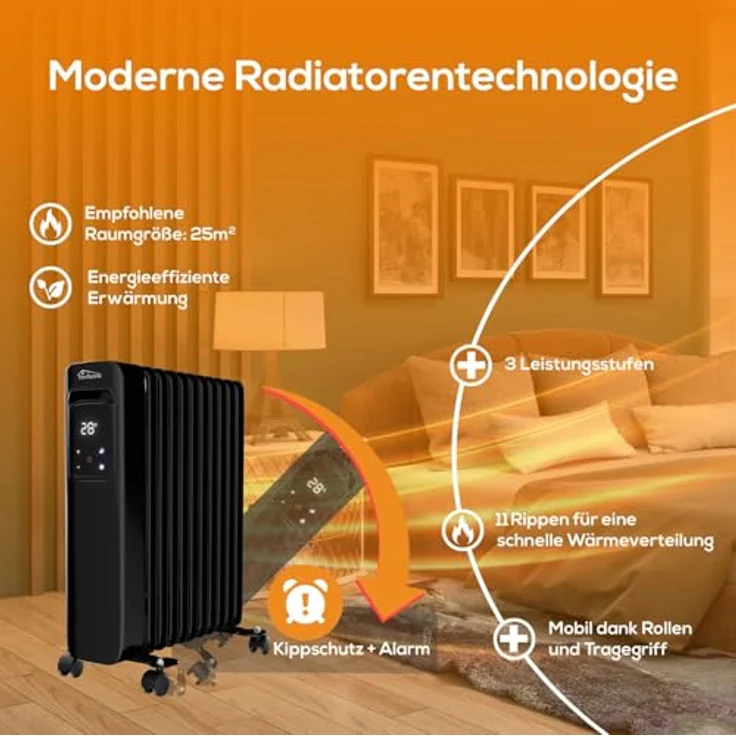 Tronitechnik® Ölradiator TT-OR 311 Elektroheizung Schwarz 3 Heizstufen 11 Rippen Energiesparend Thermostat Überhitzungsschutz – Bild 3