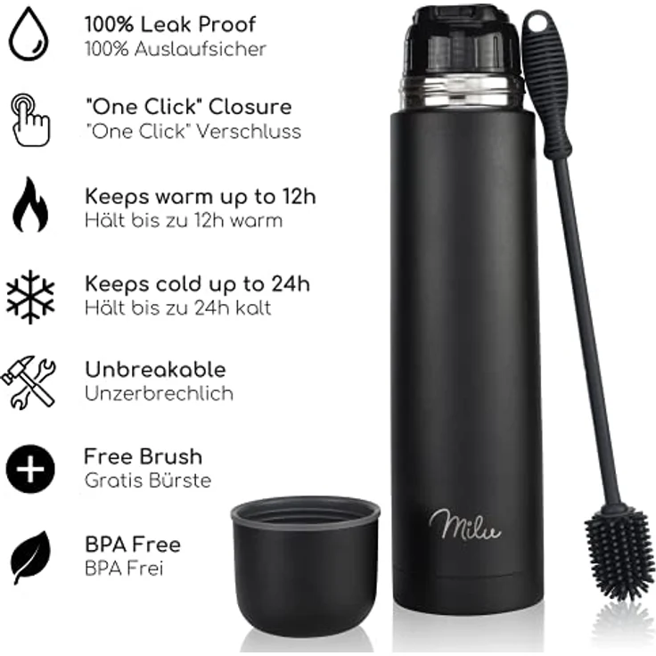 Milu Thermosflasche Thermoskanne Isolierflasche 1L, 750ml, 500ml - Isolierte Edelstahl Trinkflasche, 100% Auslaufsicher, Doppelwandisolierung (Schwarz, 750ml) – Bild 2
