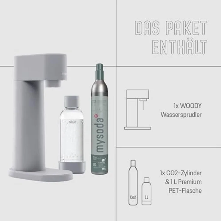 Mysoda Woody Set, Wassersprudler aus erneuerbarem Holzkomposit mit 1L Quick-Lock BPA-freier Plastikflasche und CO2-Zylinder, grau – Bild 6