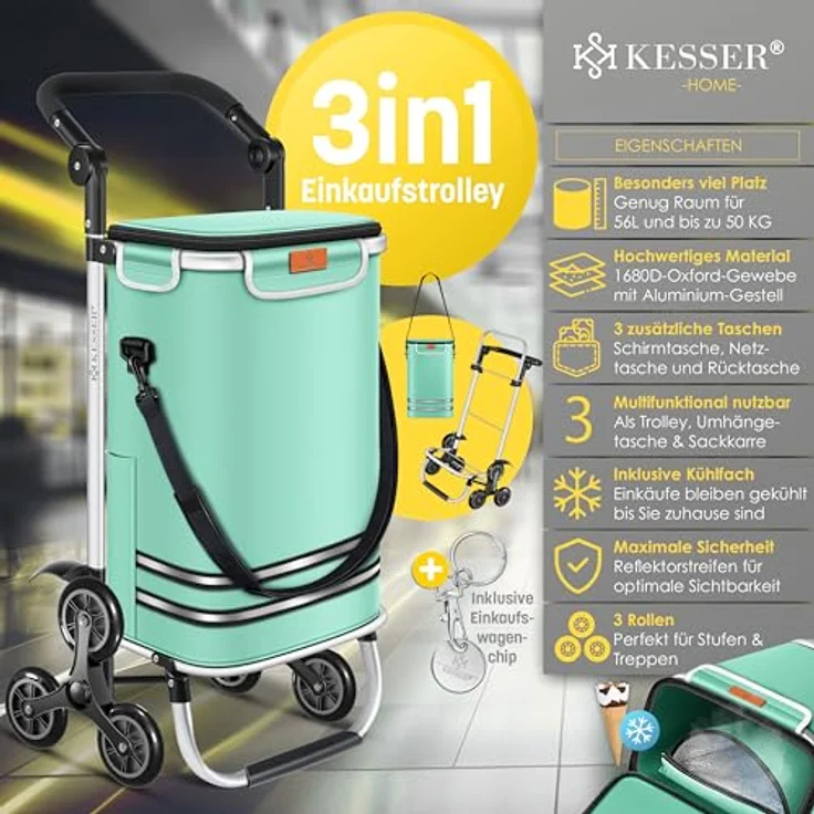 KESSER® Einkaufstrolley Treppensteiger mit Kühlfach, klappbar, 56L Kapazität, belastbar bis 50kg, 3in1 Trolley Sackkarre & Umhängetasche, Mintgrün – Bild 2