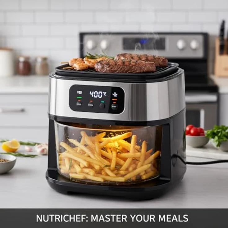 NutriChef 4L Airfryer & Elektrogrill, 7-in-1 Heißluftfritteuse mit 1500 W, 1.2L Grillfläche, transparentem Sichtfenster, schwarz – Bild 5