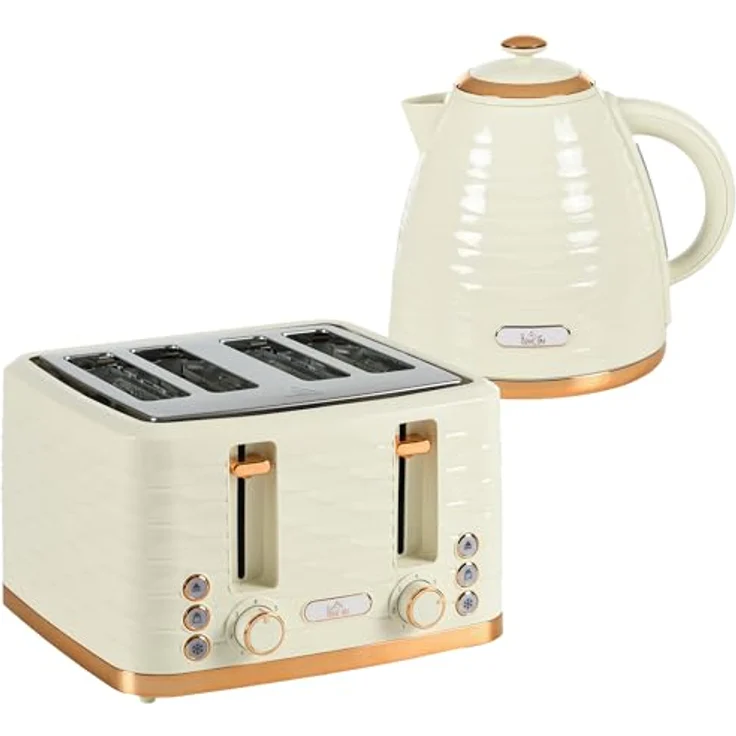 HOMCOM Wasserkocher-Toaster-Set, 1,7 L und 4-Scheiben-Toaster, präzise Temperaturregelung, beige – Bild 1