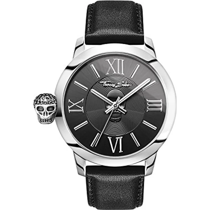 THOMAS SABO Herren Analog Quarz Uhr mit Leder Armband WA0297-218-203-46 mm, stylisches Ziffernblatt, wasserdicht - Schwarz