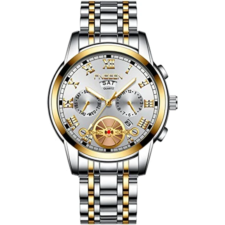 JewelryWe Herrenuhr Edelstahl Quarz Analog, 30M wasserdicht mit römischen Ziffern, Kalender und leuchtenden Zeigern, Gold/Silber – Bild 1