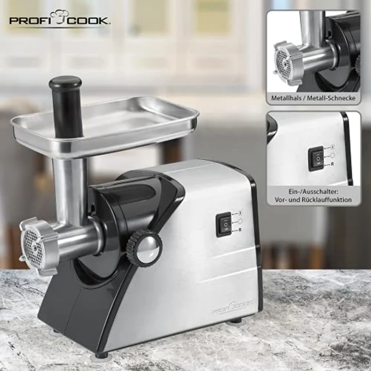 ProfiCook PC-FW 1060 Fleischwolf inkl. Plätzchenaufsatz, Wurstfülleraufsatz, Kebbeaufsatz, Vor-und Rücklauffunktion, Edelstahlgehäuse, 1000 Watt – Bild 5