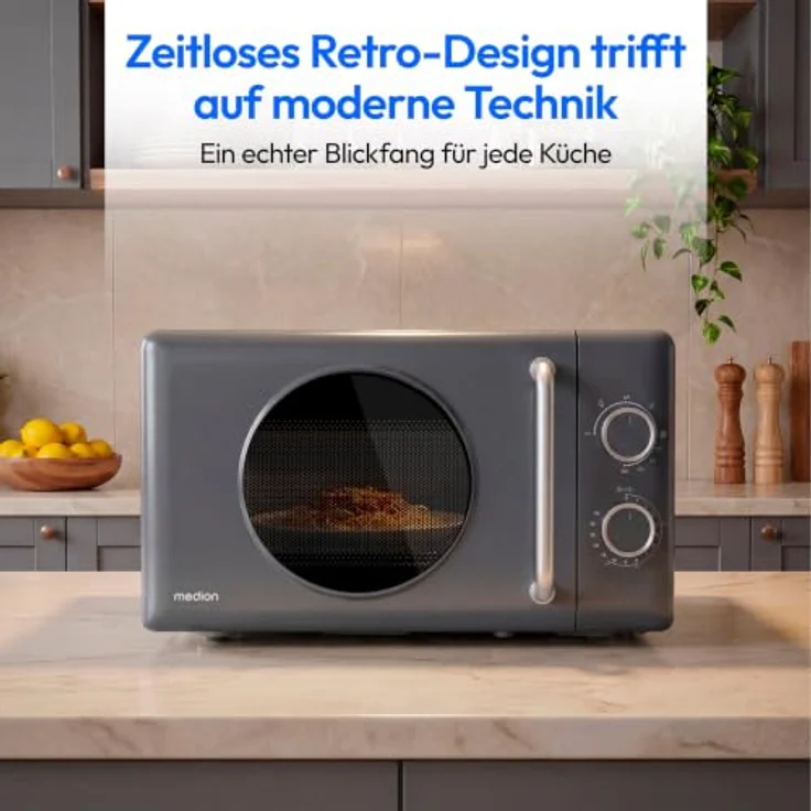 Medion® Mikrowelle MD100119, 800 Watt Leistung, 20 Liter Garraum, dunkelgrau, Retro-Design – Bild 3