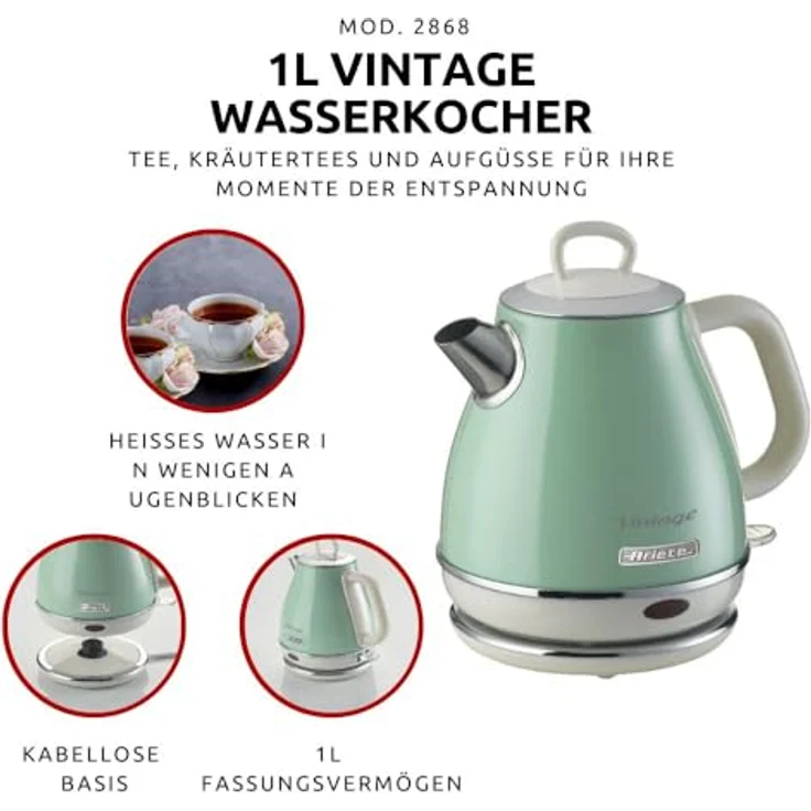 Ariete 2868 Vintage, elektrischer Design-Wasserkocher aus Edelstahl für Aufgussgetränke, Tee und Kräutertees, Abschaltautomatik, ergonomischer Griff, 1 Liter, 1600 W, Grün – Bild 2