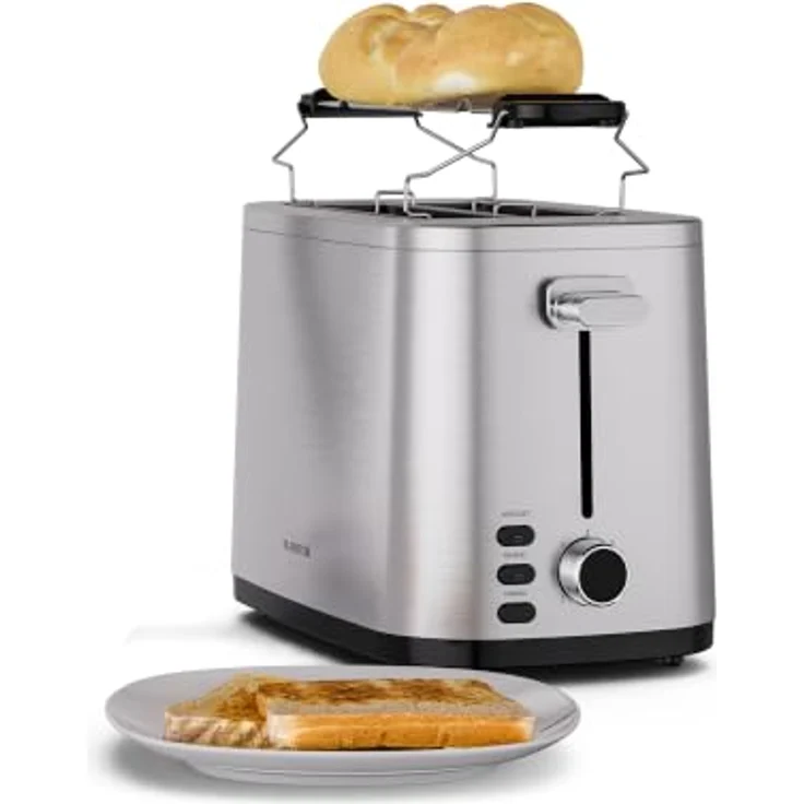 Klarstein VeroSteel 2-Scheiben-Toaster, 800 W mit 7 Bräunungsstufen, Edelstahlgehäuse und Brötchenaufsatz – Bild 1